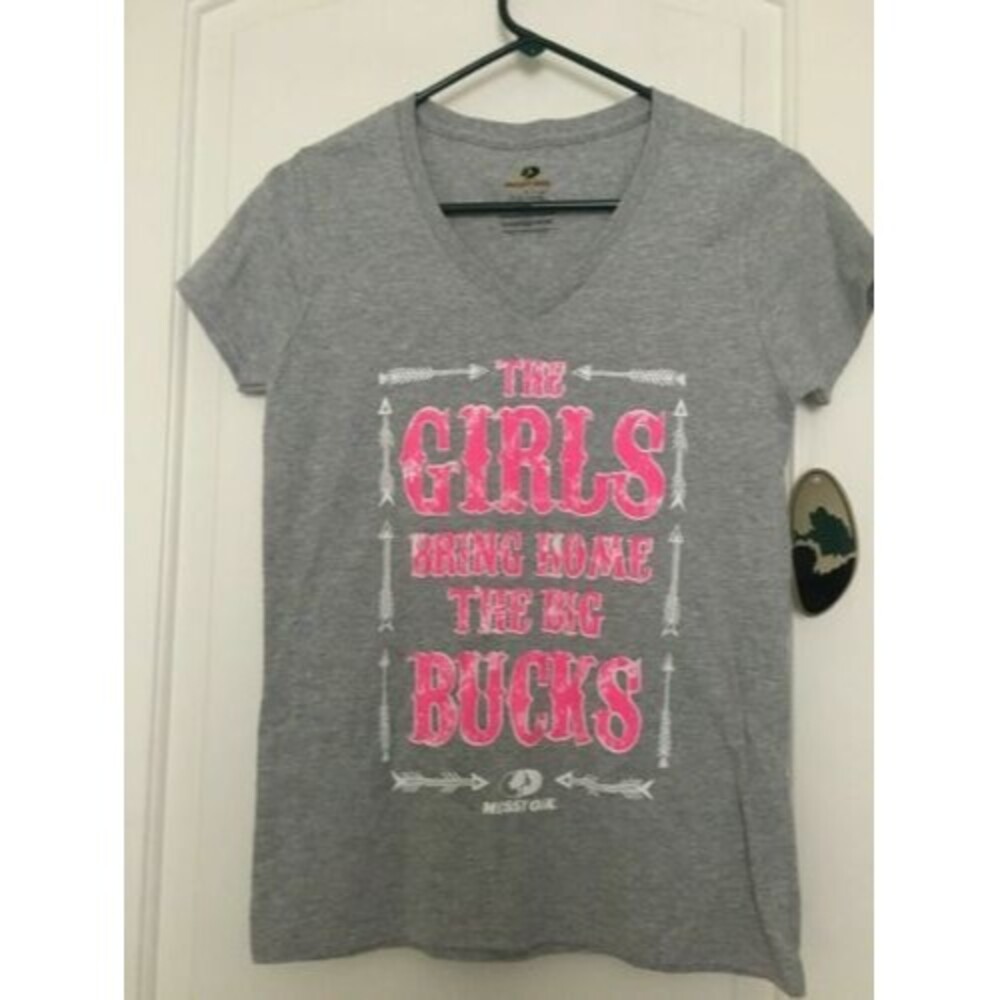 Mossy Oak Graphic T-Shirt Girls Bring Home Big Bucks Women's Size Small Gray
